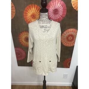 LULU B 100% Cotton 3/4 Sleeve Front Pocket V-Neck Sweater Beach Cottagecore L/XL
